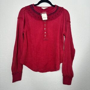 NWT Free People We The Free Holly Henley‎ Tunic Thermal Top Embroidered xs